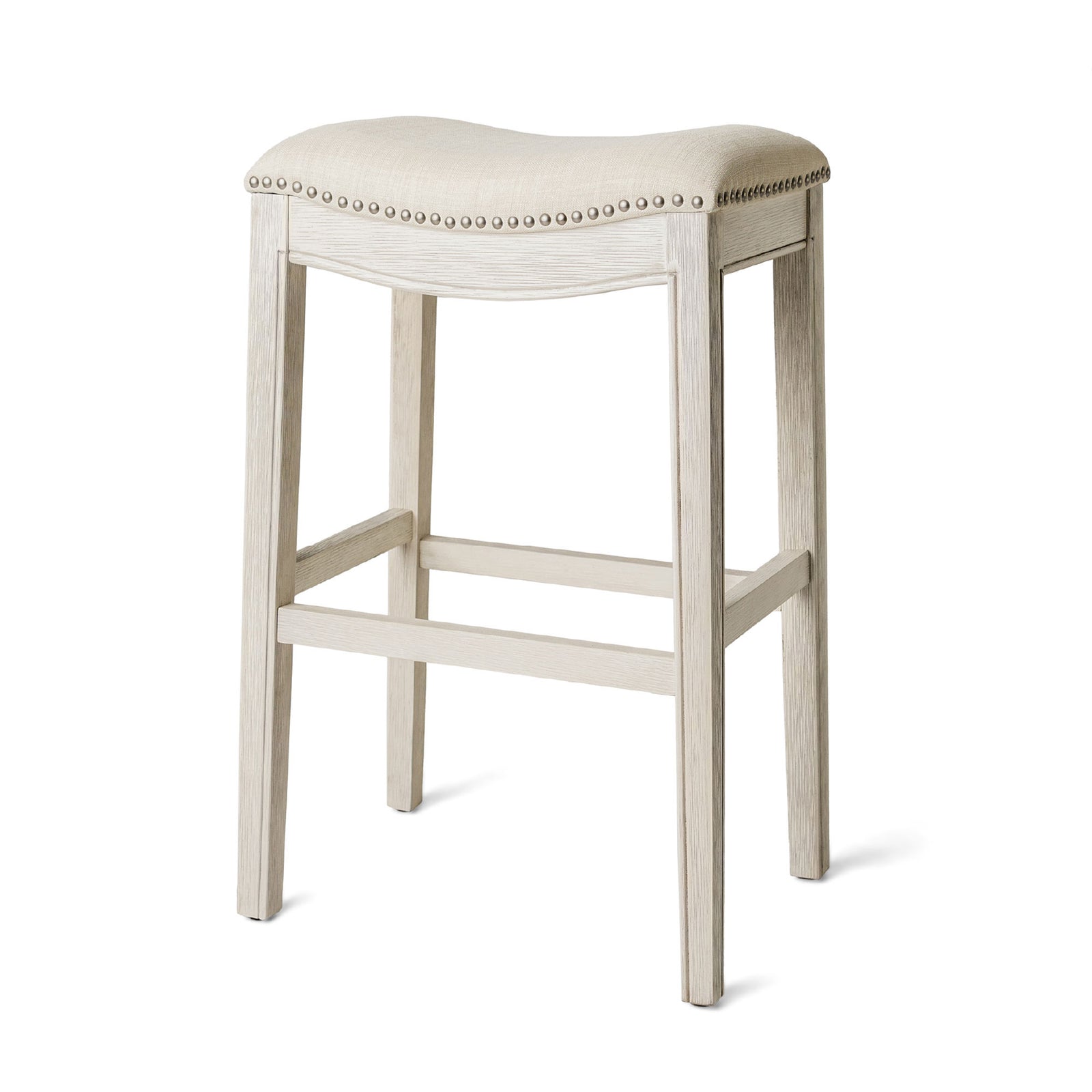 Maven Lane Adrien Saddle Bar Stool in White Oak Finish w/ Natural Fabric Upholstery - VMInnovations