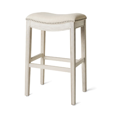 Maven Lane Adrien Saddle Bar Stool in White Oak Finish w/ Natural Fabric Upholstery - VMInnovations