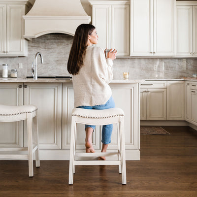 Maven Lane Adrien Saddle Backless Bar Stool w/Nailhead Trim, White Oak (Used) - VMInnovations