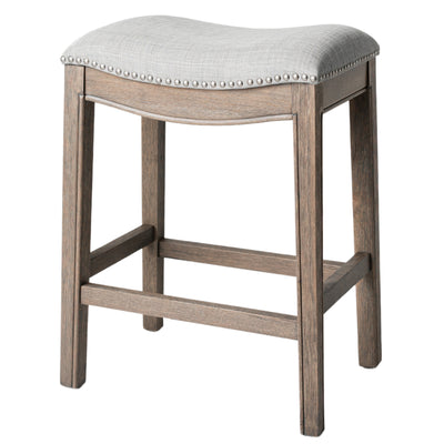 Maven Lane Adrien Saddle Counter Stool in Reclaimed Oak Finish w/ Ash Grey Fabric Upholstery