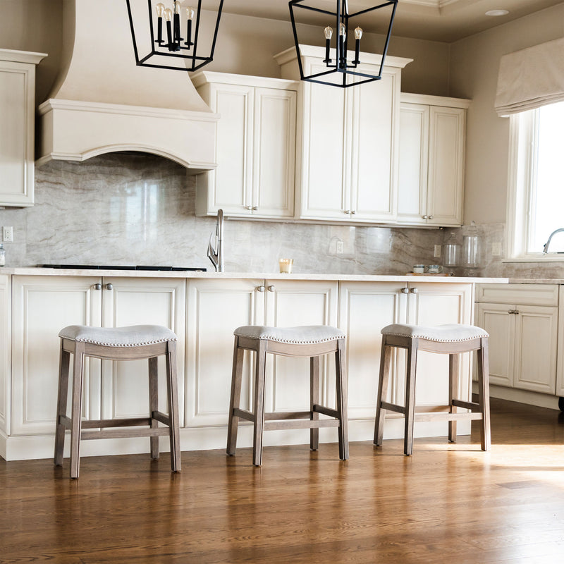 Maven Lane Adrien Saddle Counter Stool in Reclaimed Oak Finish w/ Ash Grey Fabric Upholstery