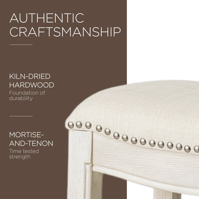 Maven Lane Adrien Saddle Counter Stool in White Oak Finish w/ Natural Fabric Upholstery