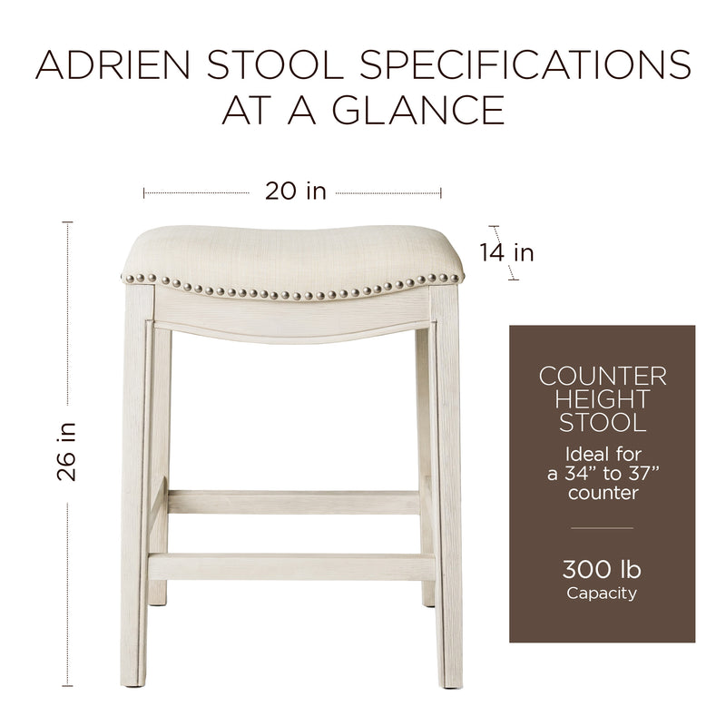 Maven Lane Adrien Saddle Counter Stool in White Oak Finish w/ Natural Fabric Upholstery