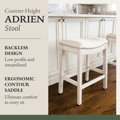 Maven Lane Adrien Saddle Counter Stool in White Oak Finish w/ Natural Fabric Upholstery