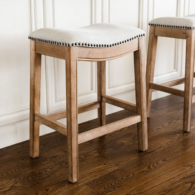 Maven Lane Adrien Kitchen Saddle Backless Stool, Weathered Oak, Bar Height(Used) - VMInnovations