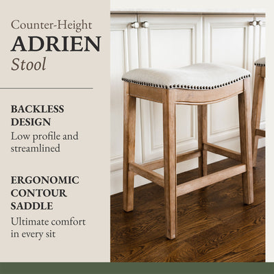 Maven Lane Adrien Saddle Counter Stool in Weathered Oak Finish w/ Sand Color Fabric Upholstery