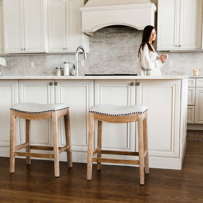 Maven Lane Adrien Saddle Bar Stool, Weathered Oak, Counter Height(Used) (4 Pack) - VMInnovations
