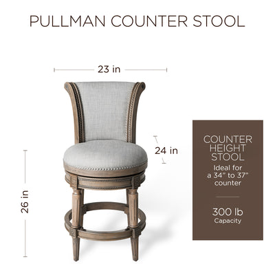 Maven Lane Pullman Counter Stool, Reclaimed Oak Finish w/ Ash Grey Fabric Upholstery