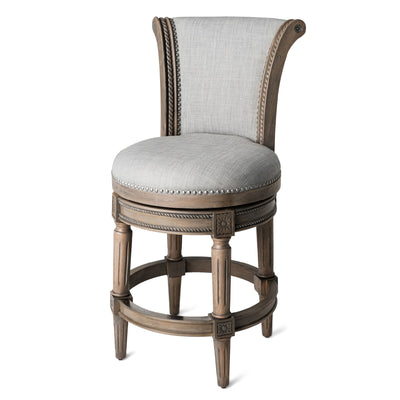 Maven Lane Pullman Counter Stool, Reclaimed Oak Finish w/ Ash Grey Fabric Upholstery