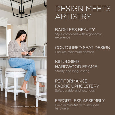Maven Lane Pullman Backless Bar Stool in Alabaster White Finish w/ Cream Fabric Upholstery - VMInnovations