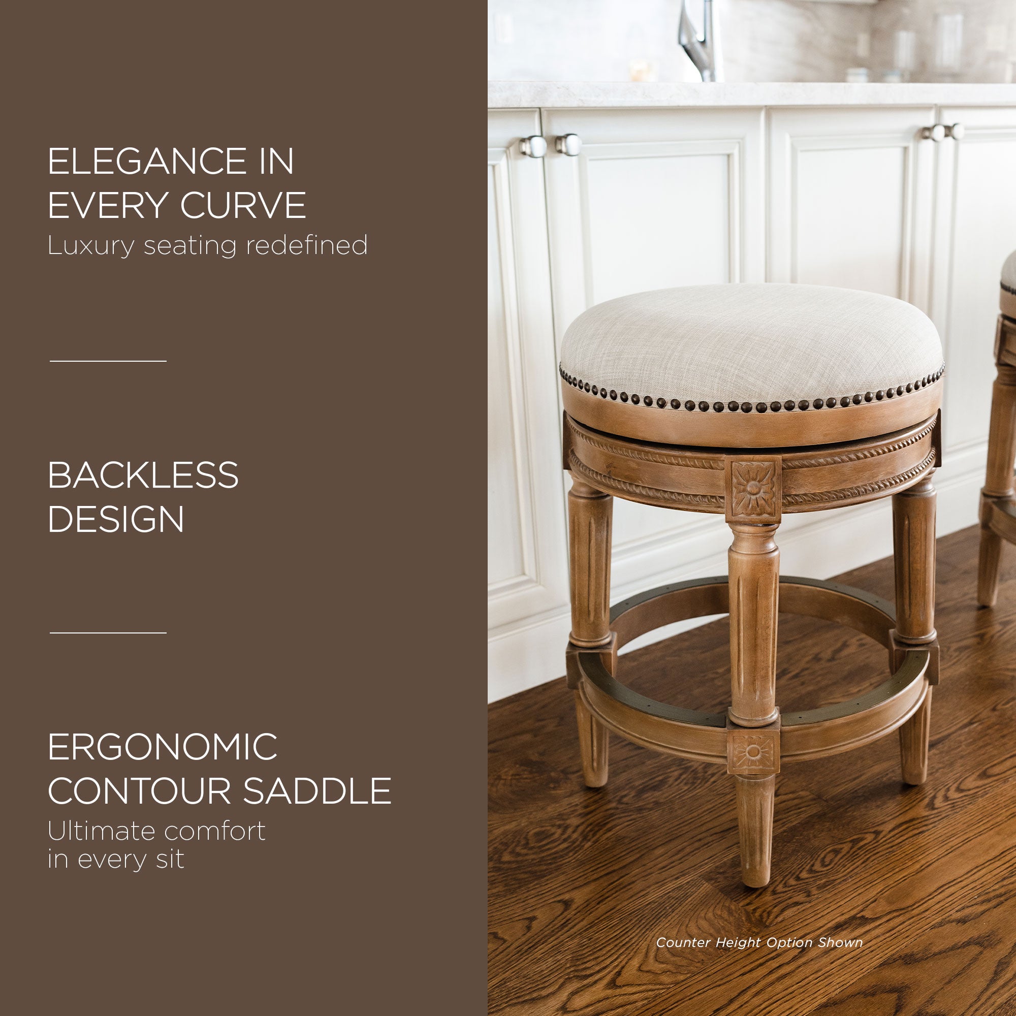 Maven Lane Pullman Backless Bar Stool in Weathered Oak Finish w/ Sand Color Fabric Upholstery - VMInnovations