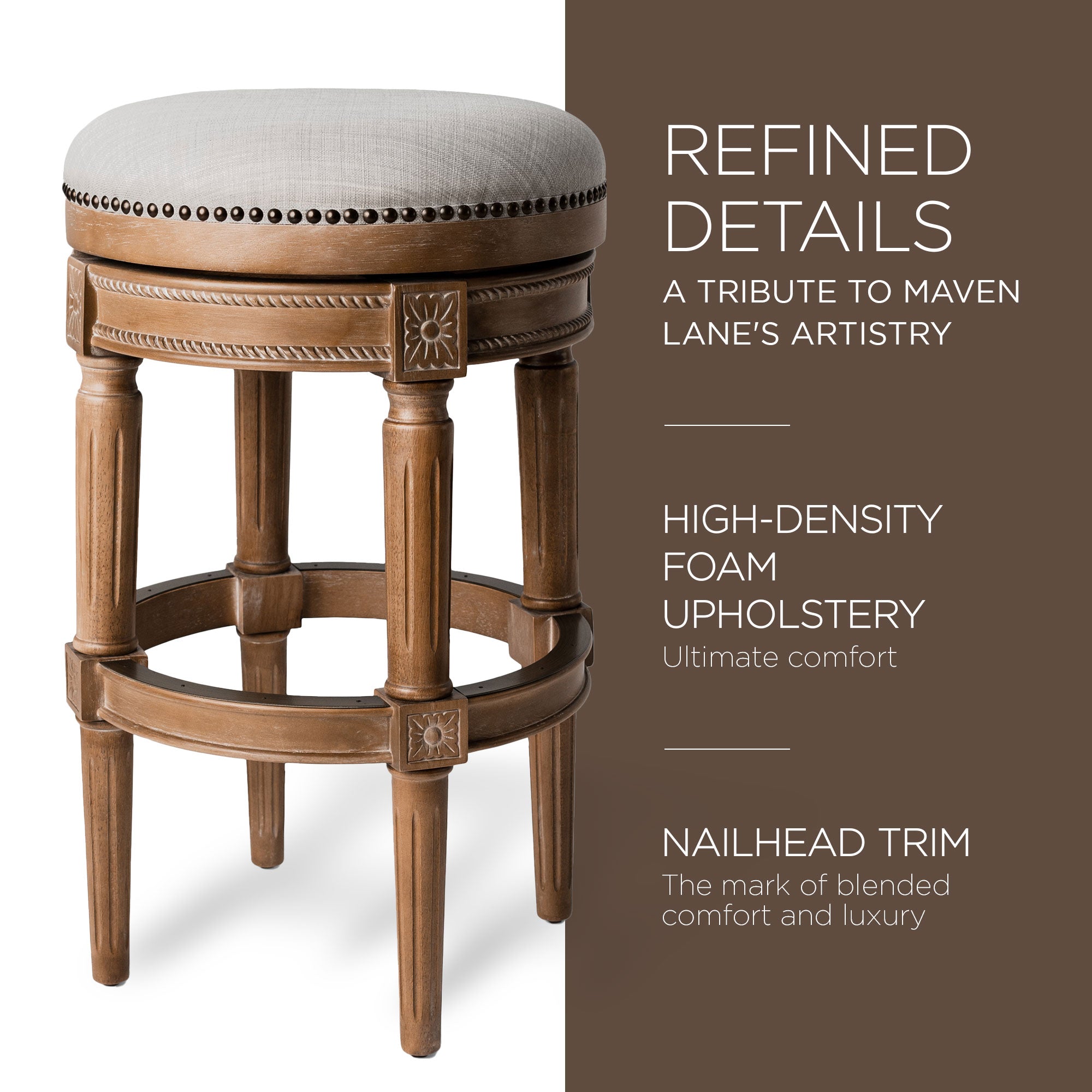 Maven Lane Pullman Backless Bar Stool in Weathered Oak Finish w/ Sand Color Fabric Upholstery - VMInnovations