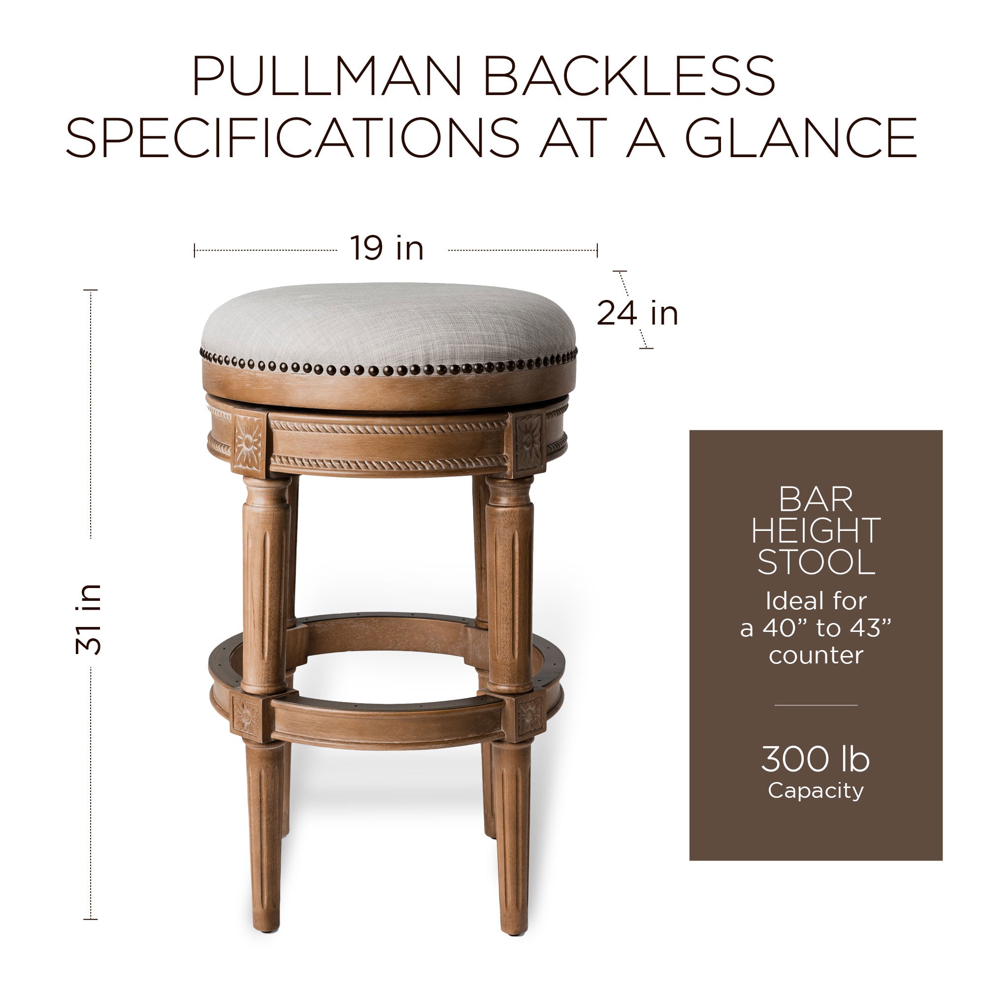 Maven Lane Pullman Backless Bar Stool in Weathered Oak Finish w/ Sand Color Fabric Upholstery - VMInnovations