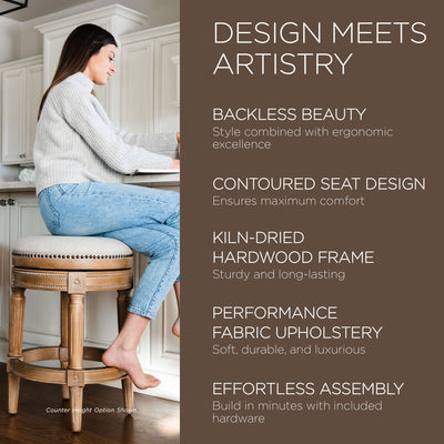 Maven Lane Pullman Backless Bar Stool in Weathered Oak Finish w/ Sand Color Fabric Upholstery - VMInnovations