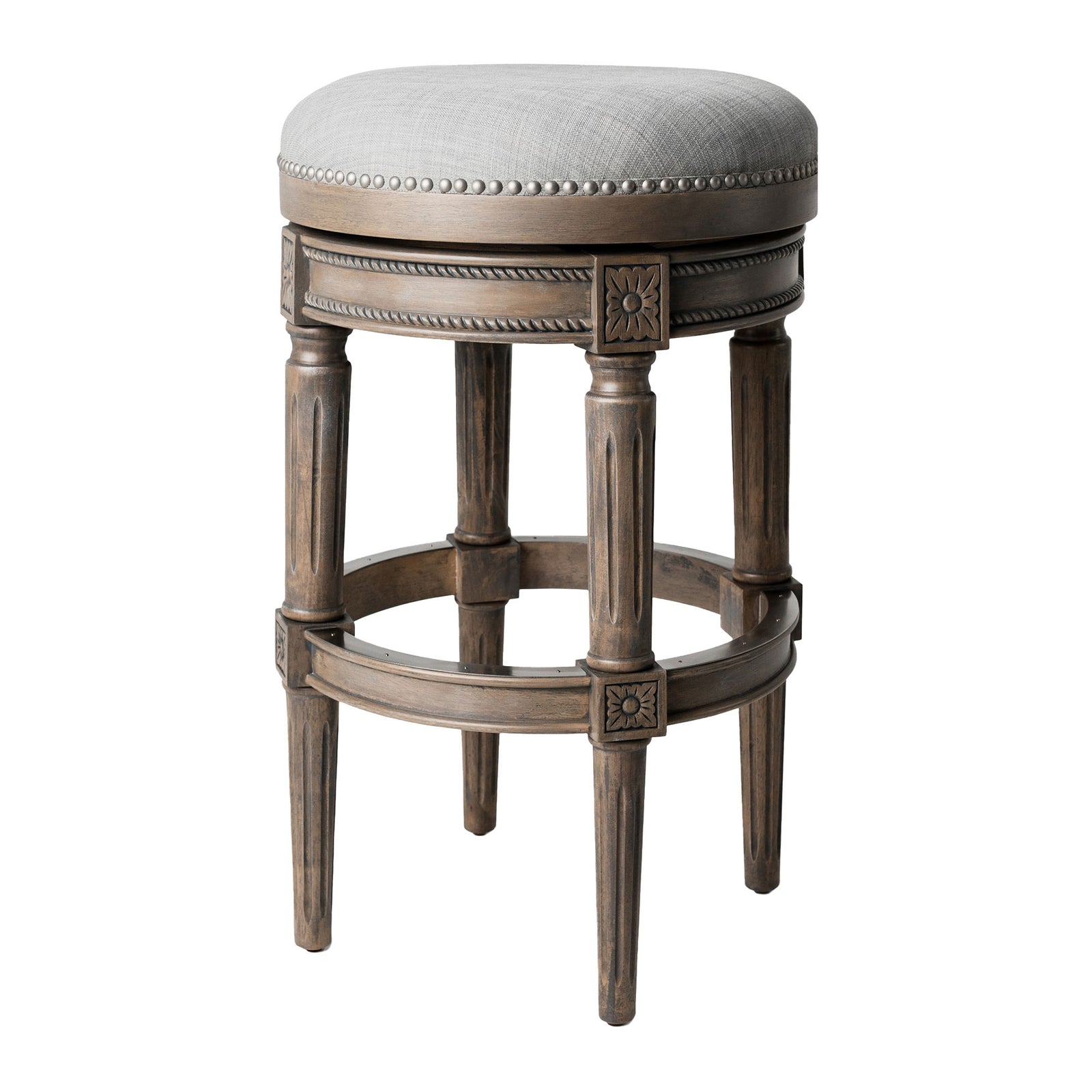 Maven Lane Pullman Backless Bar Stool in Reclaimed Oak Finish w/ Ash Grey Fabric Upholstery - VMInnovations