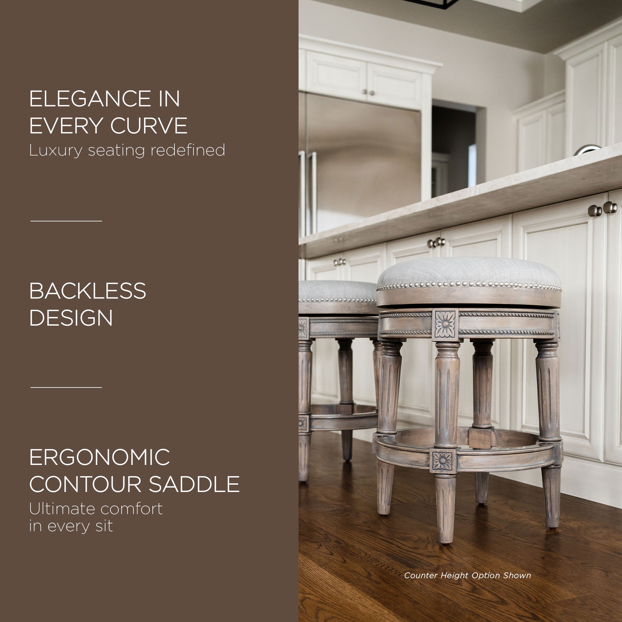 Maven Lane Pullman Backless Bar Stool in Reclaimed Oak Finish w/ Ash Grey Fabric Upholstery - VMInnovations