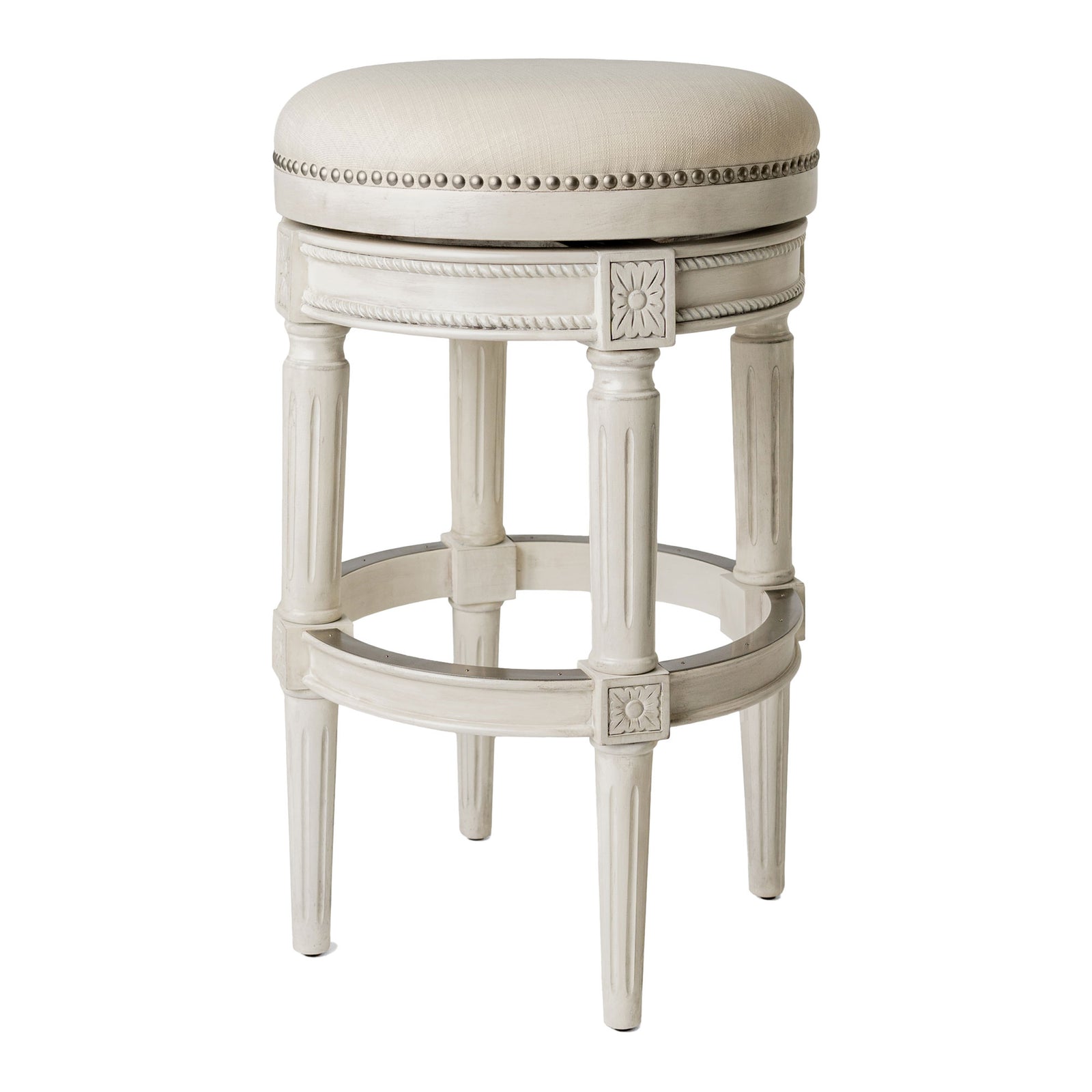 Maven Lane Pullman Backless Bar Stool in White Oak Finish w/ Natural Color Fabric Upholstery - VMInnovations
