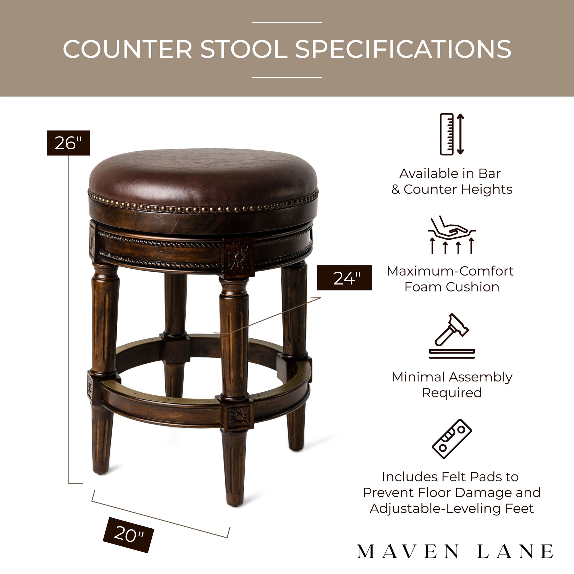 Maven Lane Pullman Swivel Stool, Dark Walnut, Counter Height (Open Box) (4 Pack) - VMInnovations