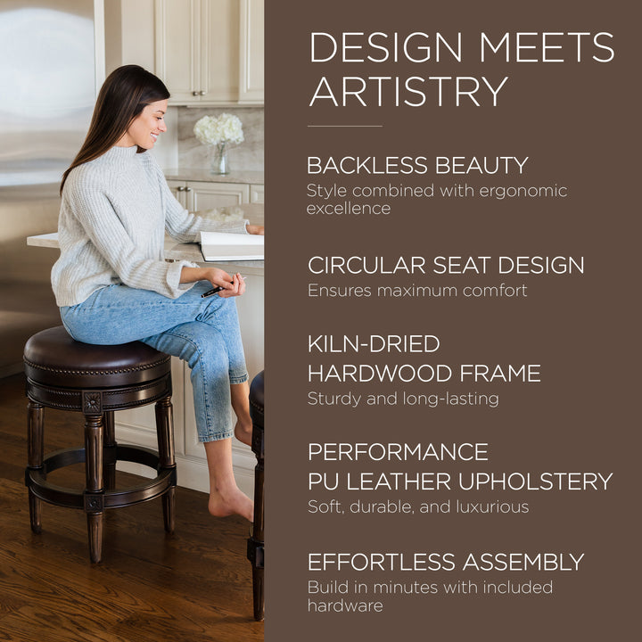 Maven Lane Pullman Backless Counter Stool in Dark Walnut Finish with Vintage Brown Vegan Leather