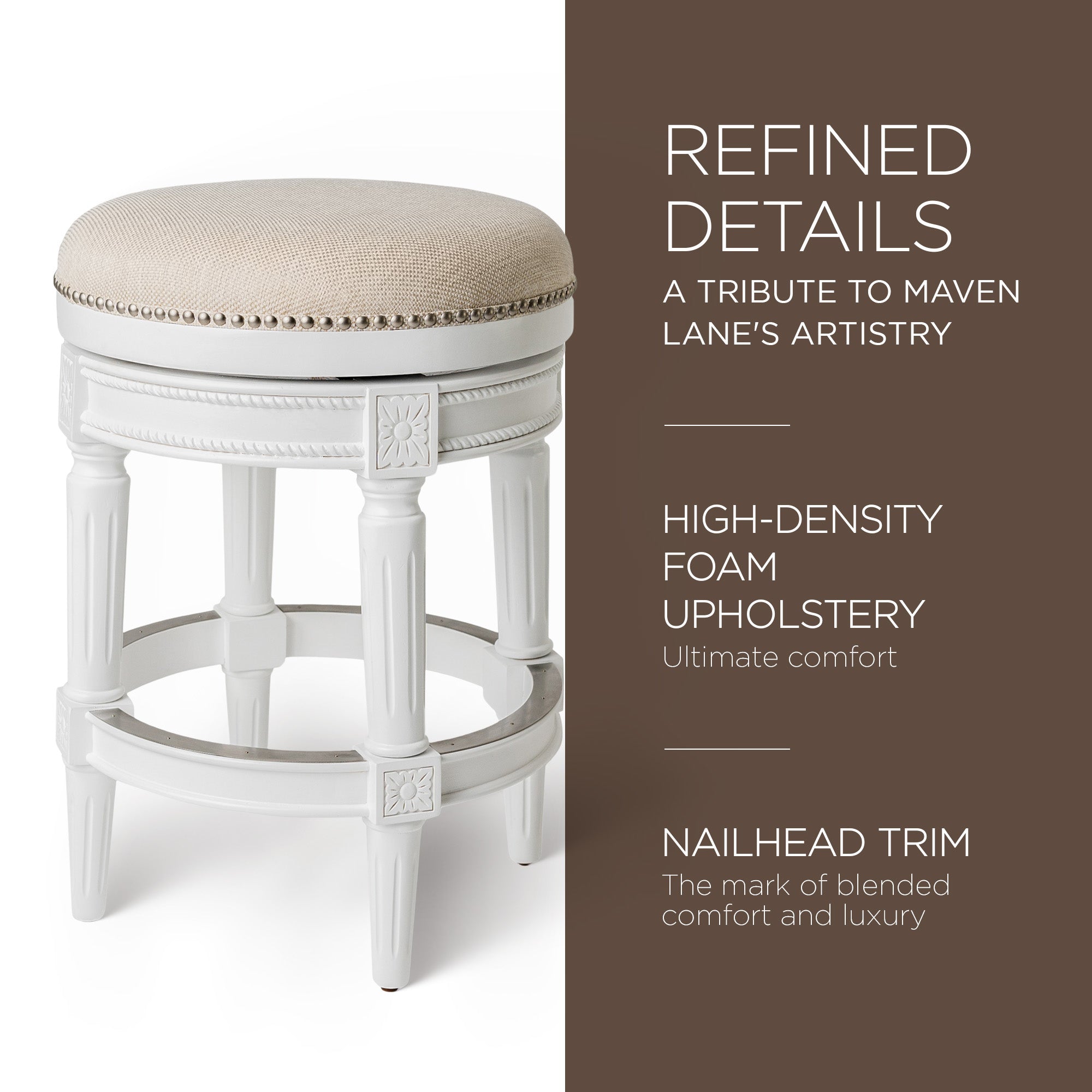 Maven Lane Pullman Backless Counter Stool in Alabaster White Finish w/ Cream Fabric Upholstery - VMInnovations