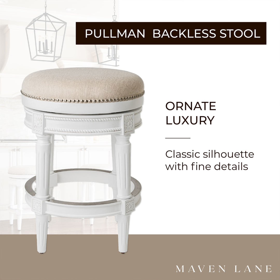 Maven Lane Pullman Backless Counter Stool in Alabaster White Finish with Cream Fabric Upholstery, Set of 3