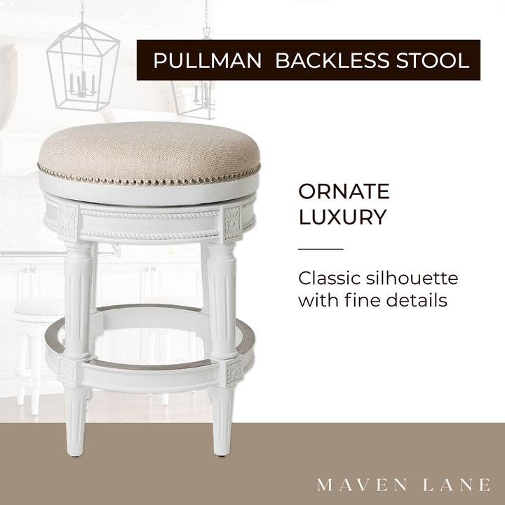 Maven Lane Pullman Backless Counter Stool in Alabaster White Finish with Cream Fabric Upholstery, Set of 3