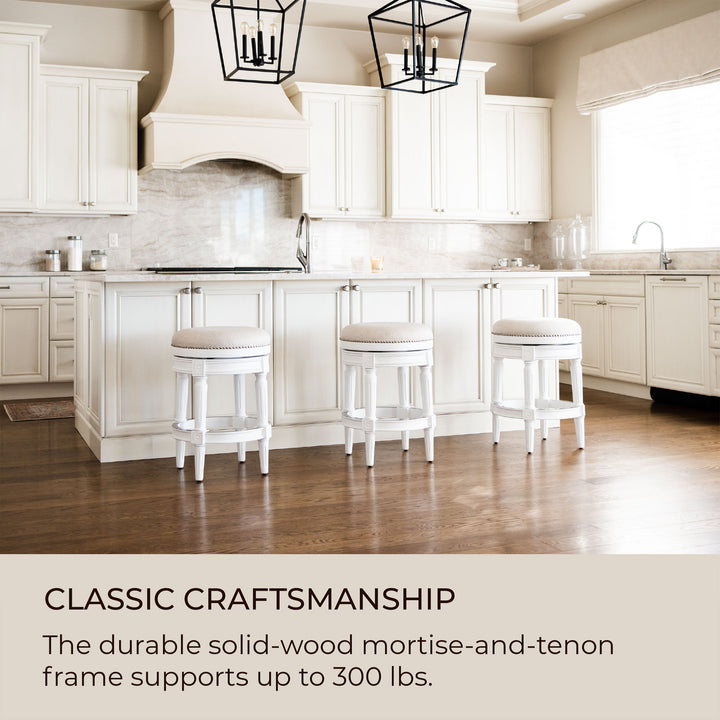 Maven Lane Pullman Backless Counter Stool in Alabaster White Finish with Cream Fabric Upholstery, Set of 3