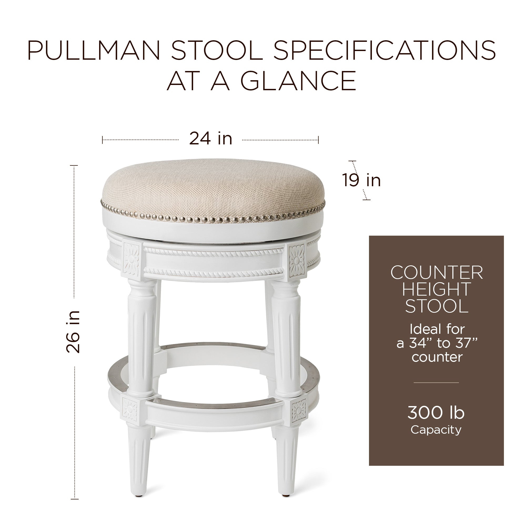 Maven Lane Pullman Backless Counter Stool in Alabaster White Finish w/ Cream Fabric Upholstery - VMInnovations