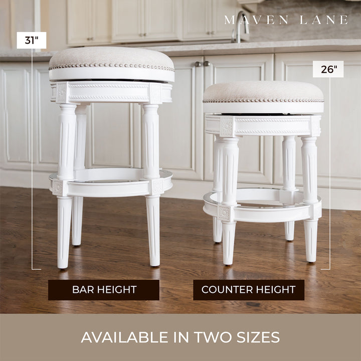 Maven Lane Pullman Backless Counter Stool in Alabaster White Finish with Cream Fabric Upholstery, Set of 3