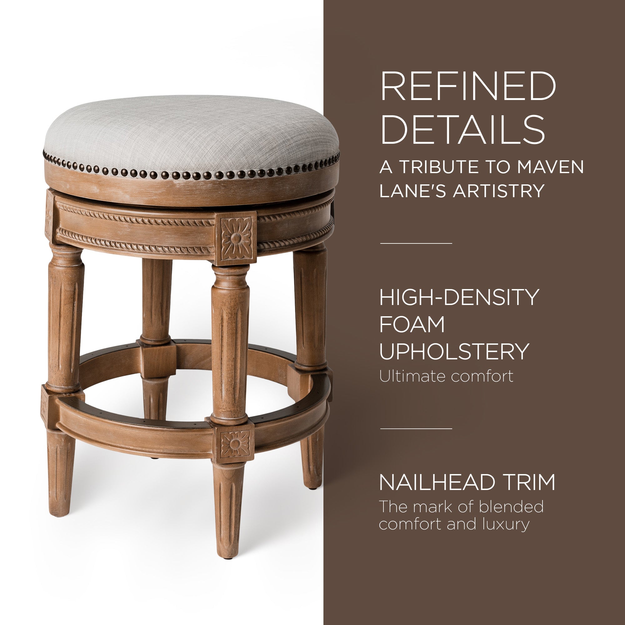 Maven Lane Pullman Backless Counter Stool in Weathered Oak Finish w/ Sand Color Fabric Upholstery - VMInnovations