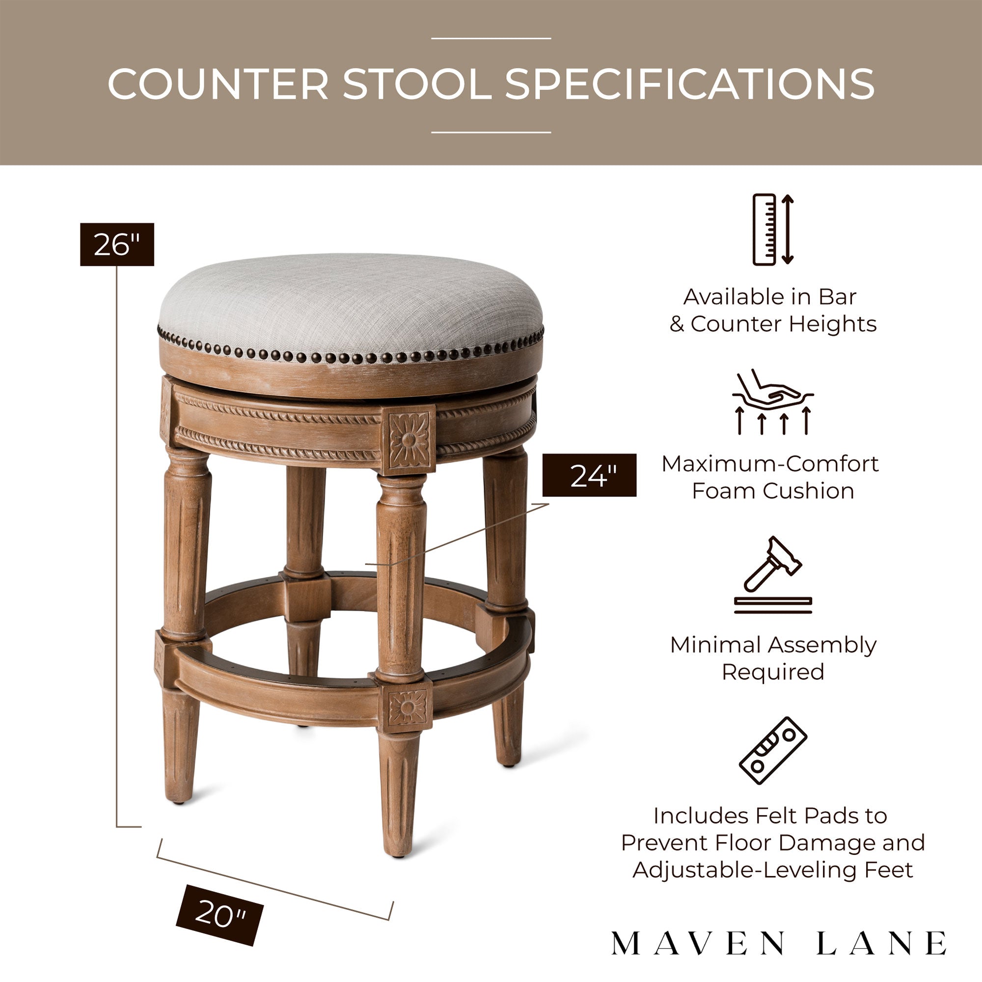 Maven Lane Pullman Bar Stool, Weathered Oak, Counter Height (Open Box) (4 Pack) - VMInnovations