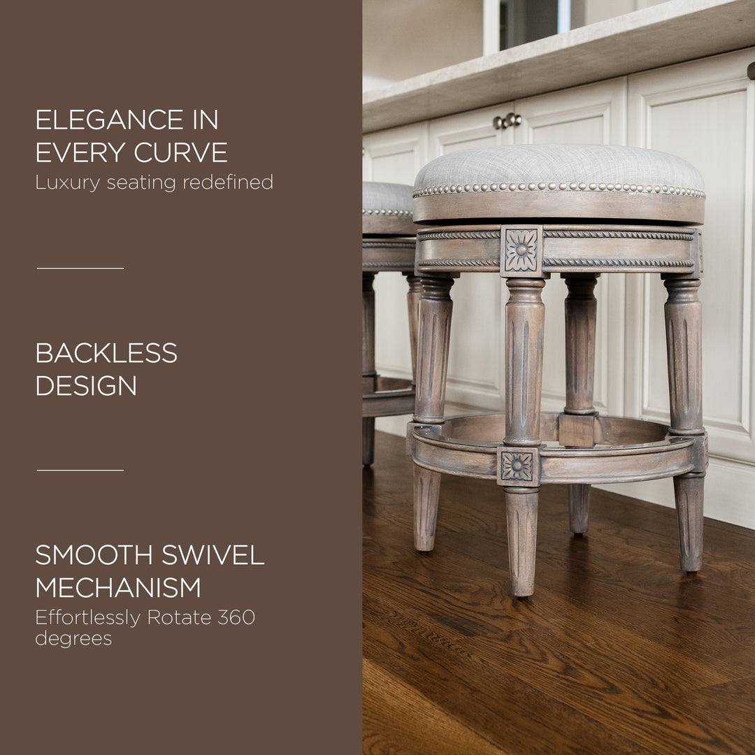 Maven Lane Pullman Backless Counter Stool in Reclaimed Oak Finish w/ Ash Grey Fabric Upholstery