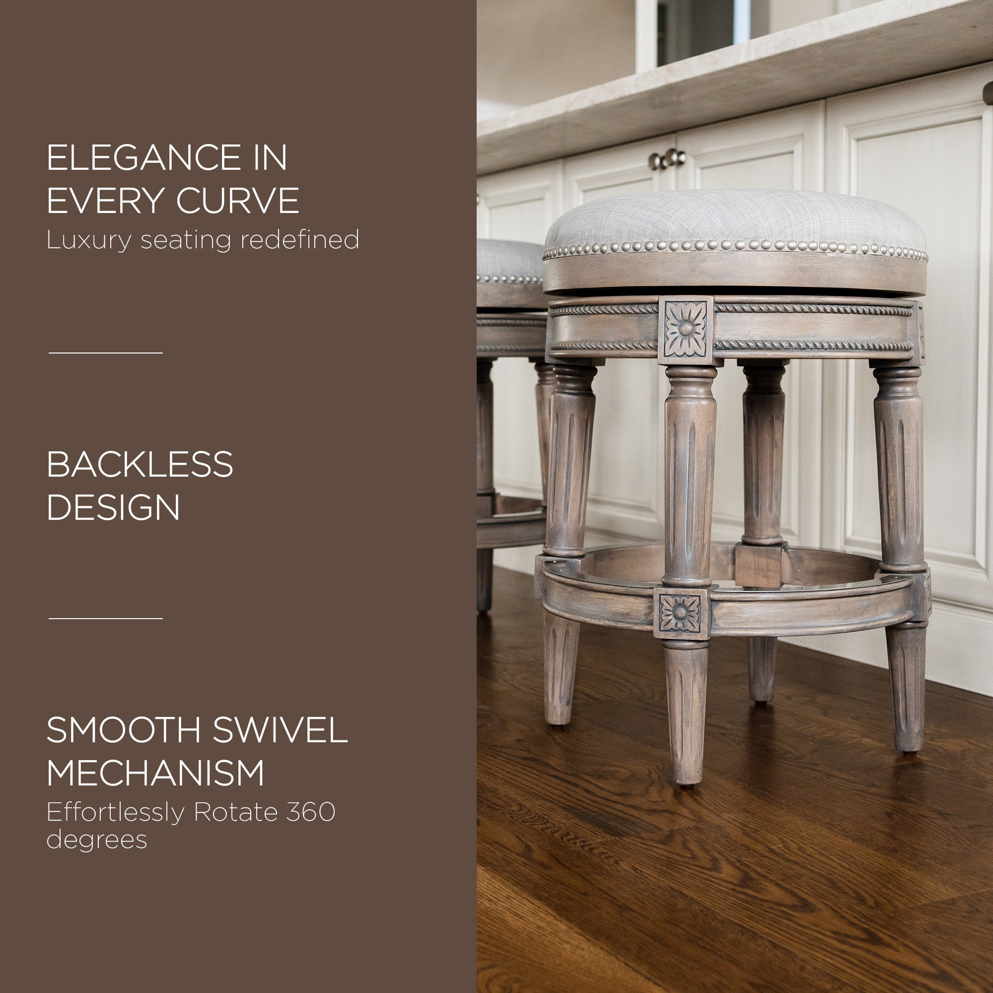 Maven Lane Pullman Backless Counter Stool in Reclaimed Oak Finish w/ Ash Grey Fabric Upholstery - VMInnovations