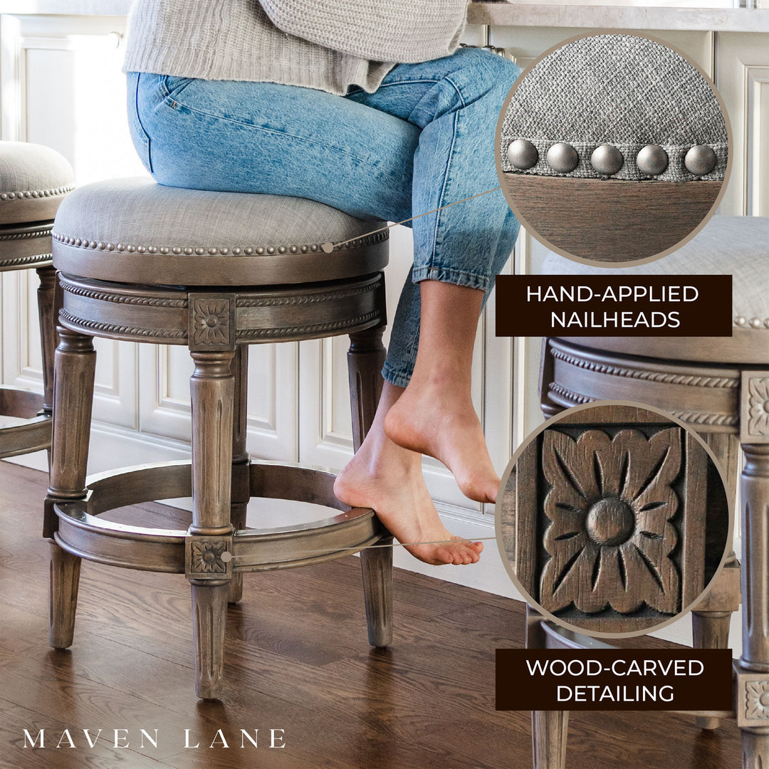 Maven Lane Pullman Backless Counter Stool in Reclaimed Oak Finish with Ash Grey Fabric Upholstery, Set of 3