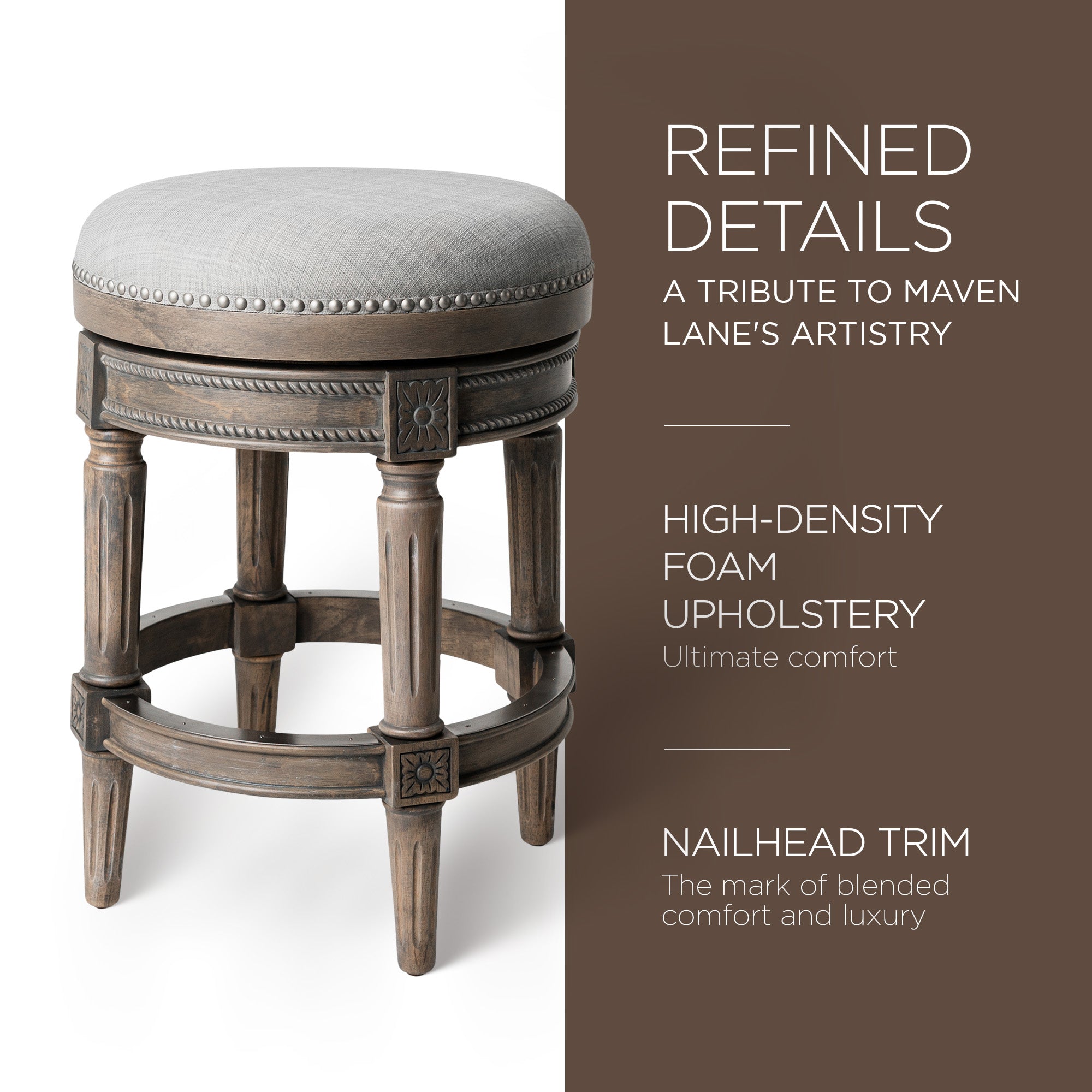 Maven Lane Pullman Backless Counter Stool in Reclaimed Oak Finish w/ Ash Grey Fabric Upholstery - VMInnovations