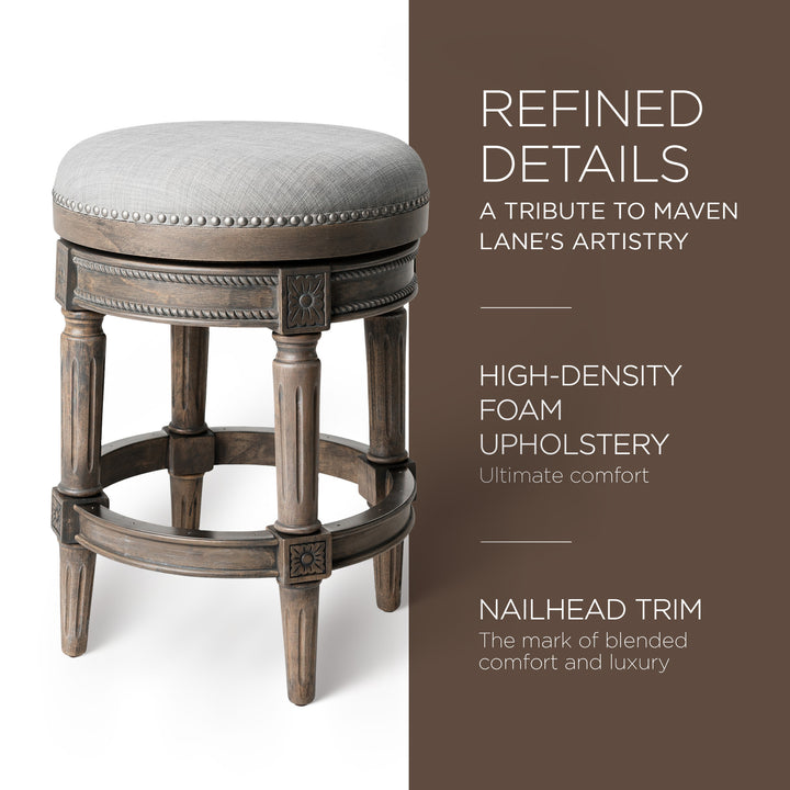 Maven Lane Pullman Backless Counter Stool in Reclaimed Oak Finish w/ Ash Grey Fabric Upholstery