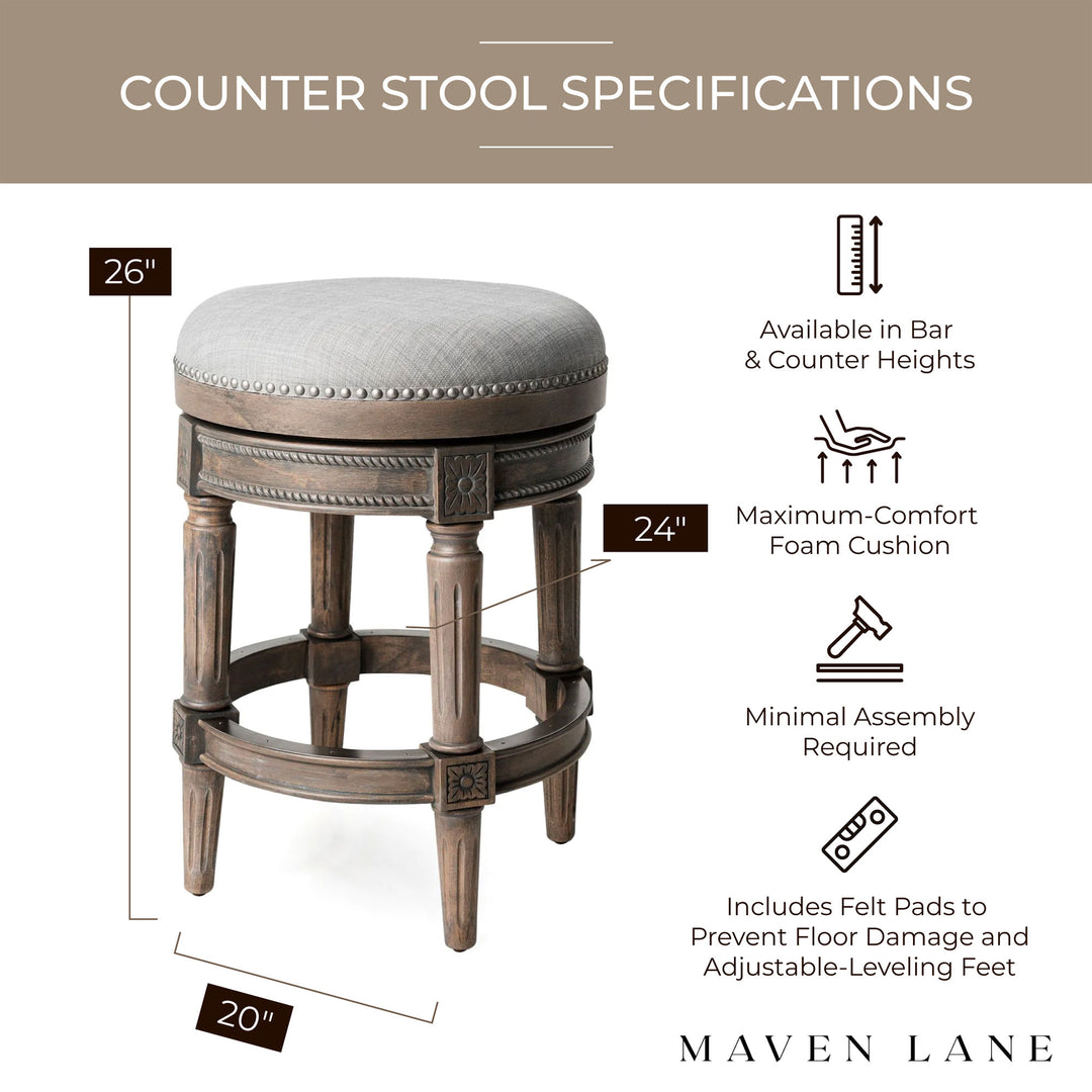 Maven Lane Pullman Backless Counter Stool in Reclaimed Oak Finish with Ash Grey Fabric Upholstery, Set of 3