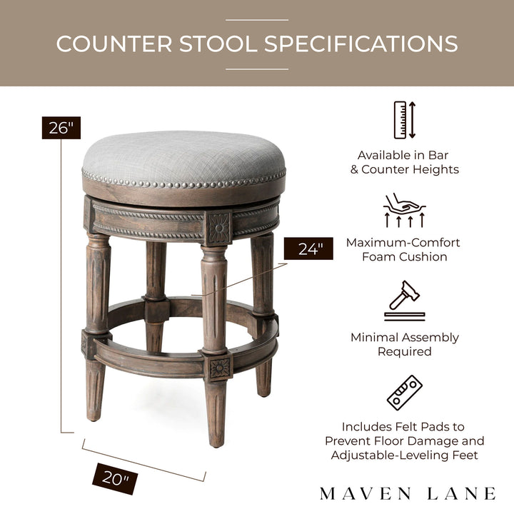 Maven Lane Pullman Backless Counter Stool in Reclaimed Oak Finish with Ash Grey Fabric Upholstery, Set of 3
