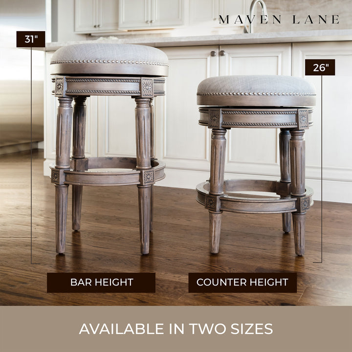 Maven Lane Pullman Backless Counter Stool in Reclaimed Oak Finish with Ash Grey Fabric Upholstery, Set of 3