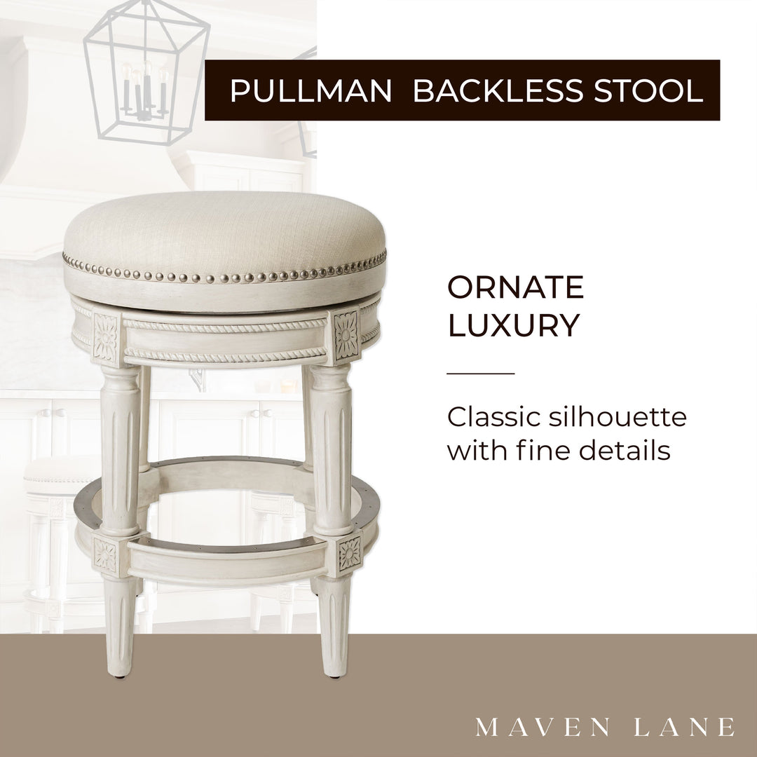 Maven Lane Pullman Backless Counter Stool in White Oak Finish w/ Natural Color Fabric Upholstery, Set of 2