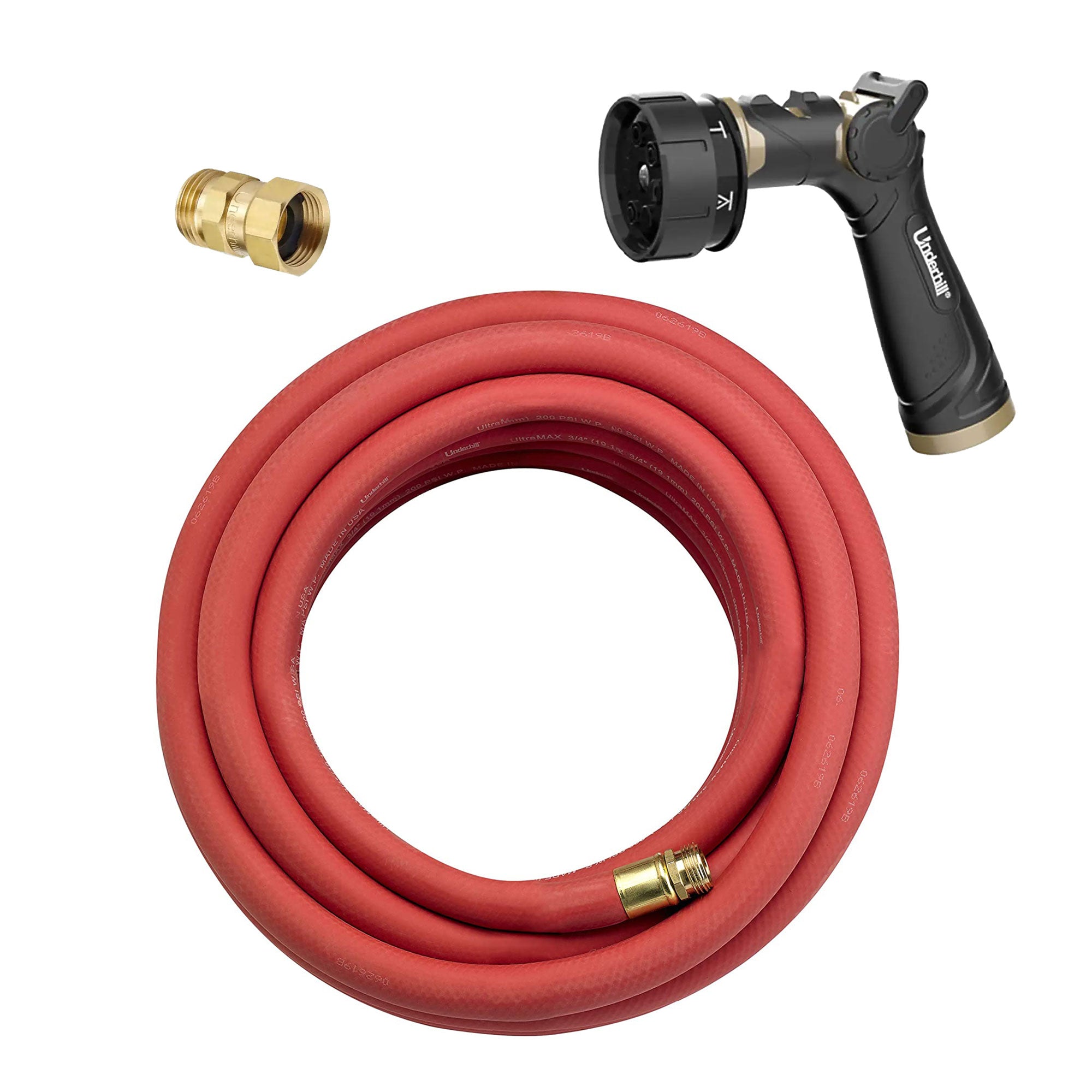 Underhill 50 Ft Red Water Hose with Master Gold 7 Spray Nozzle & Hose Adapter