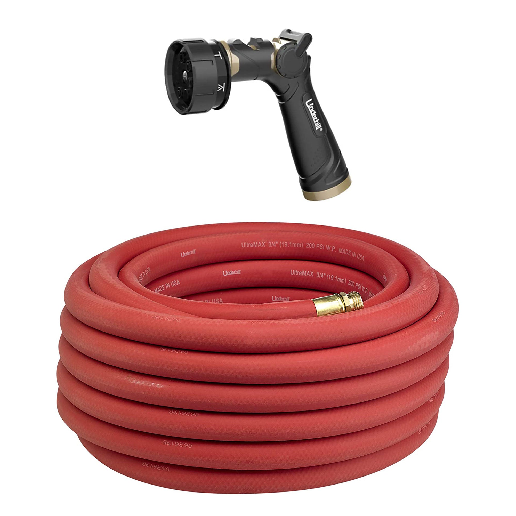 Underhill Ultramax 75 Ft Garden Hose, Red w/ Proline Master Gold 7 Spray Nozzle