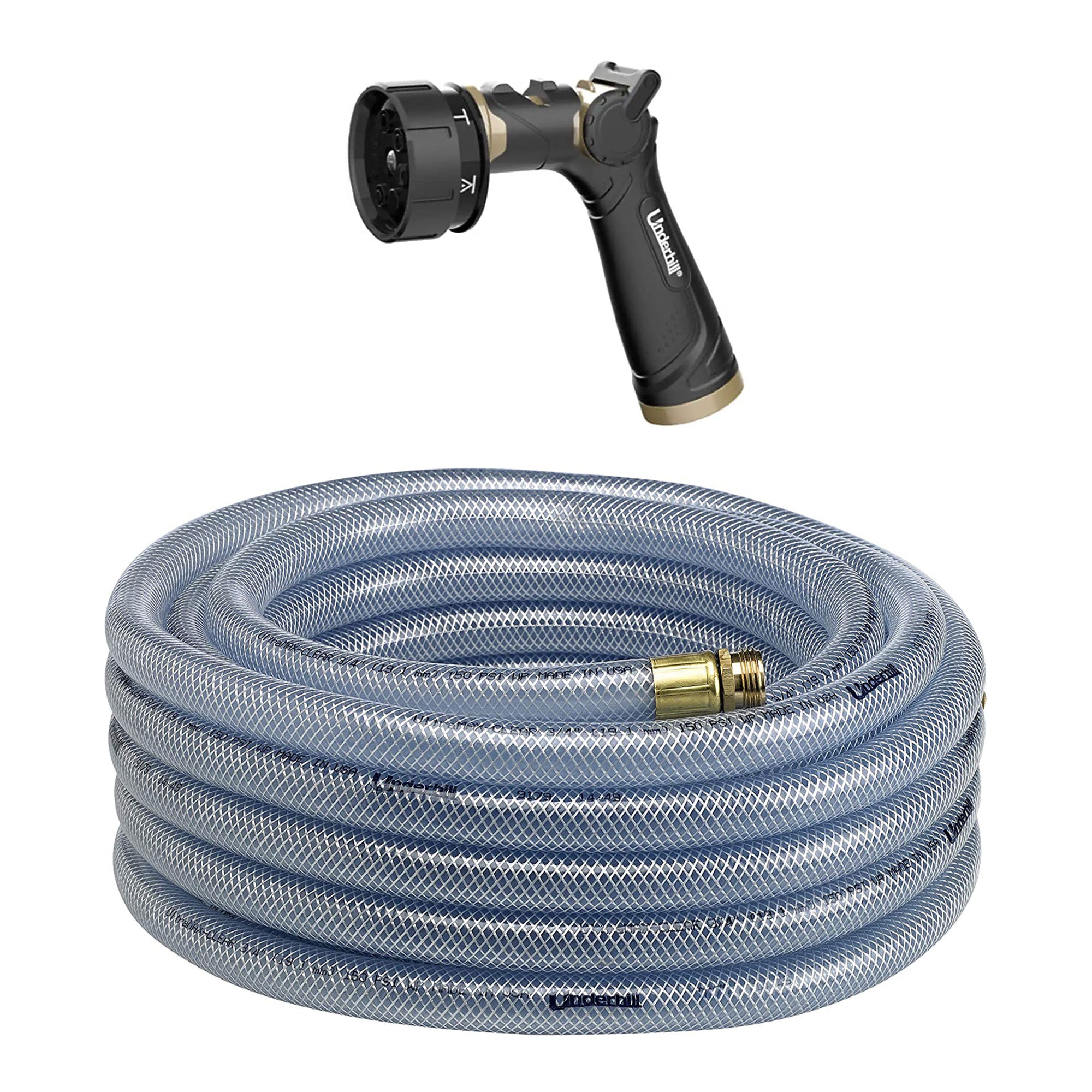 Underhill Ultramax 75' Garden Hose, Clear w/ Proline Master Gold 7 Spray Nozzle