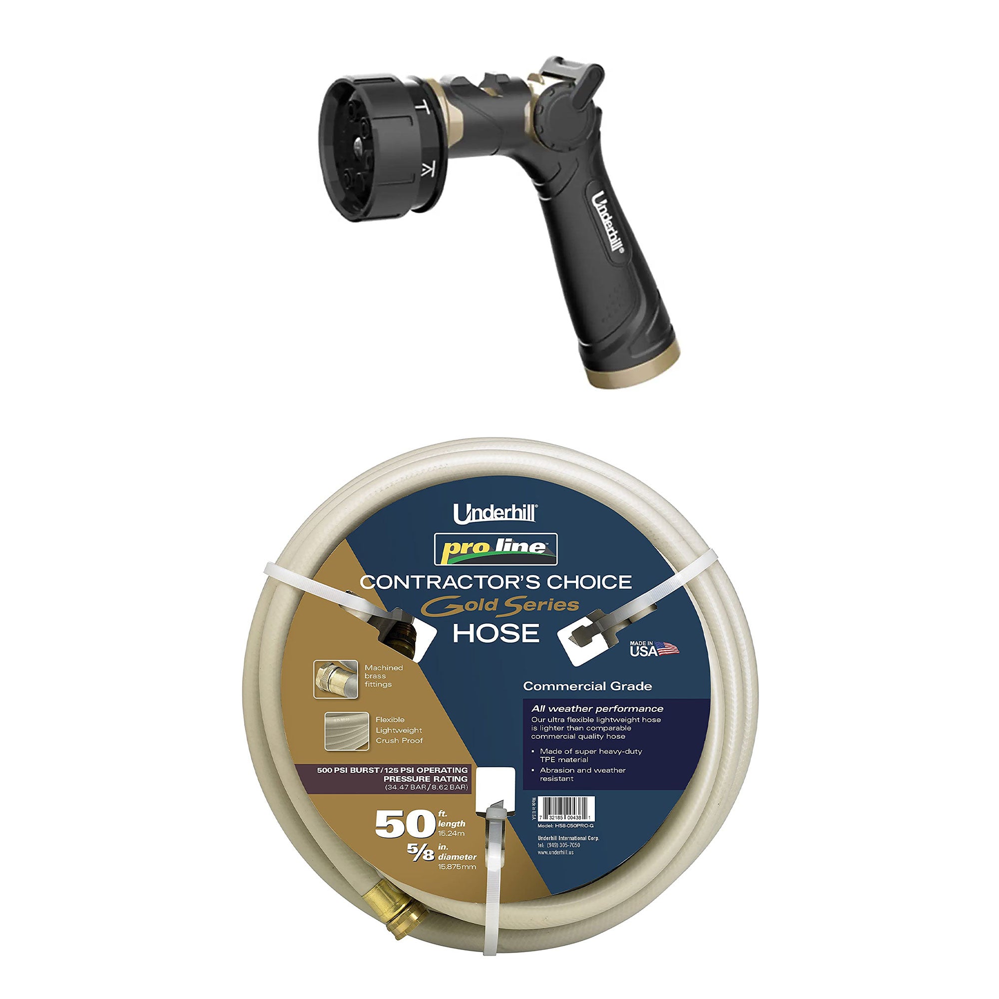 Underhill Proline Master Gold 5/8 Inch x 50 Foot Garden Hose and 7 Spray Nozzle - VMInnovations