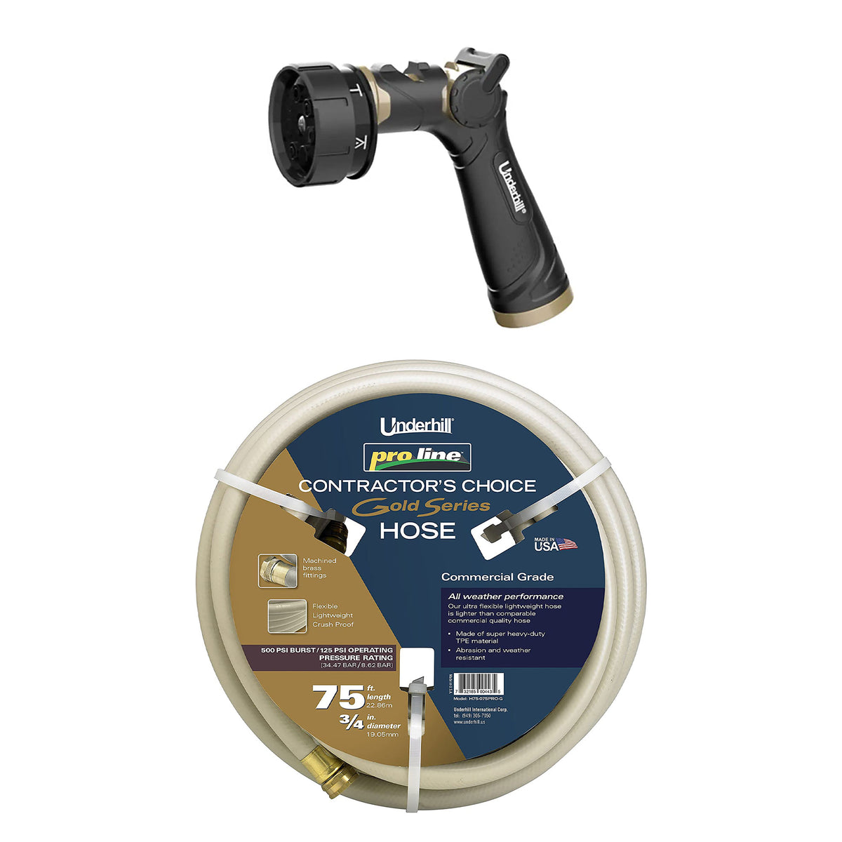 Underhill Proline Master Gold 5/8 Inch x 75 Foot Garden Hose and 7 Spray Nozzle