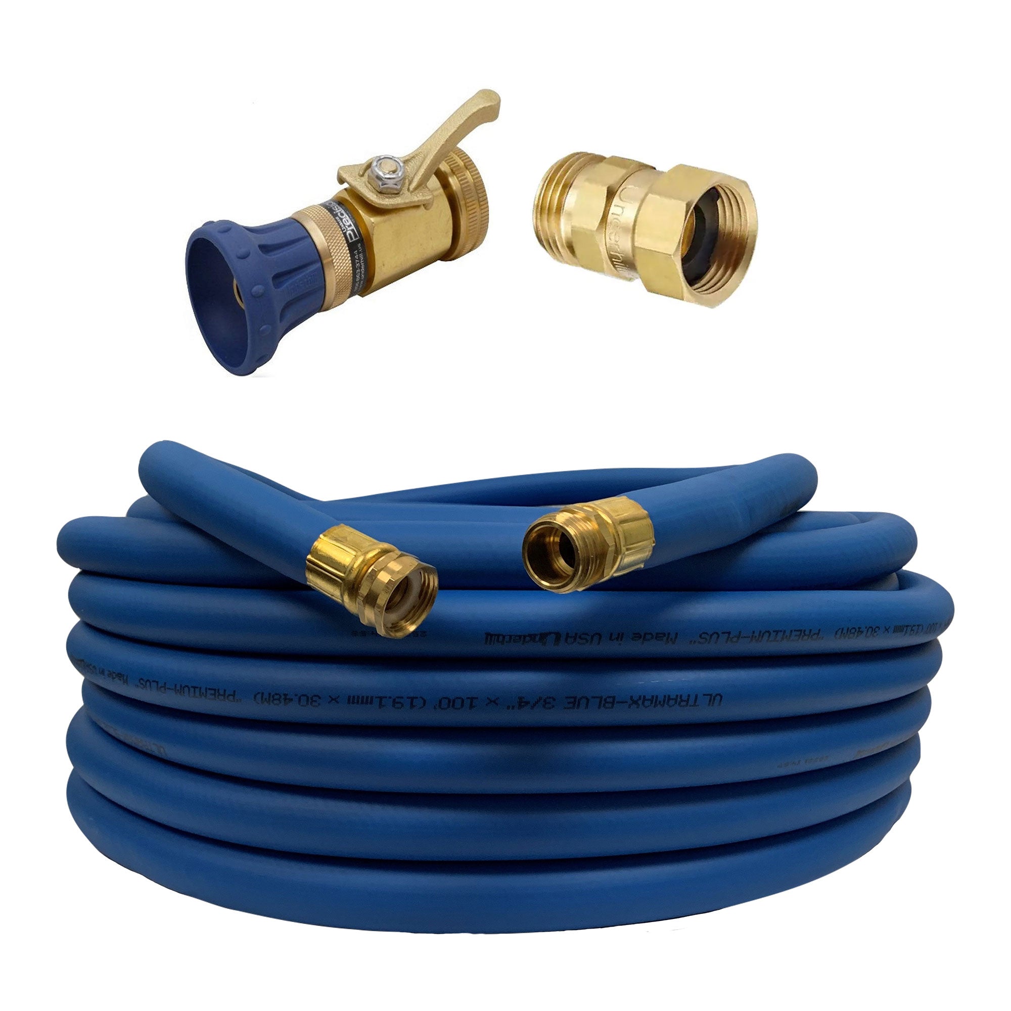 Underhill 100 Ft Blue Water Hose w/ Precision Cloudburst Nozzle & Hose Adapter