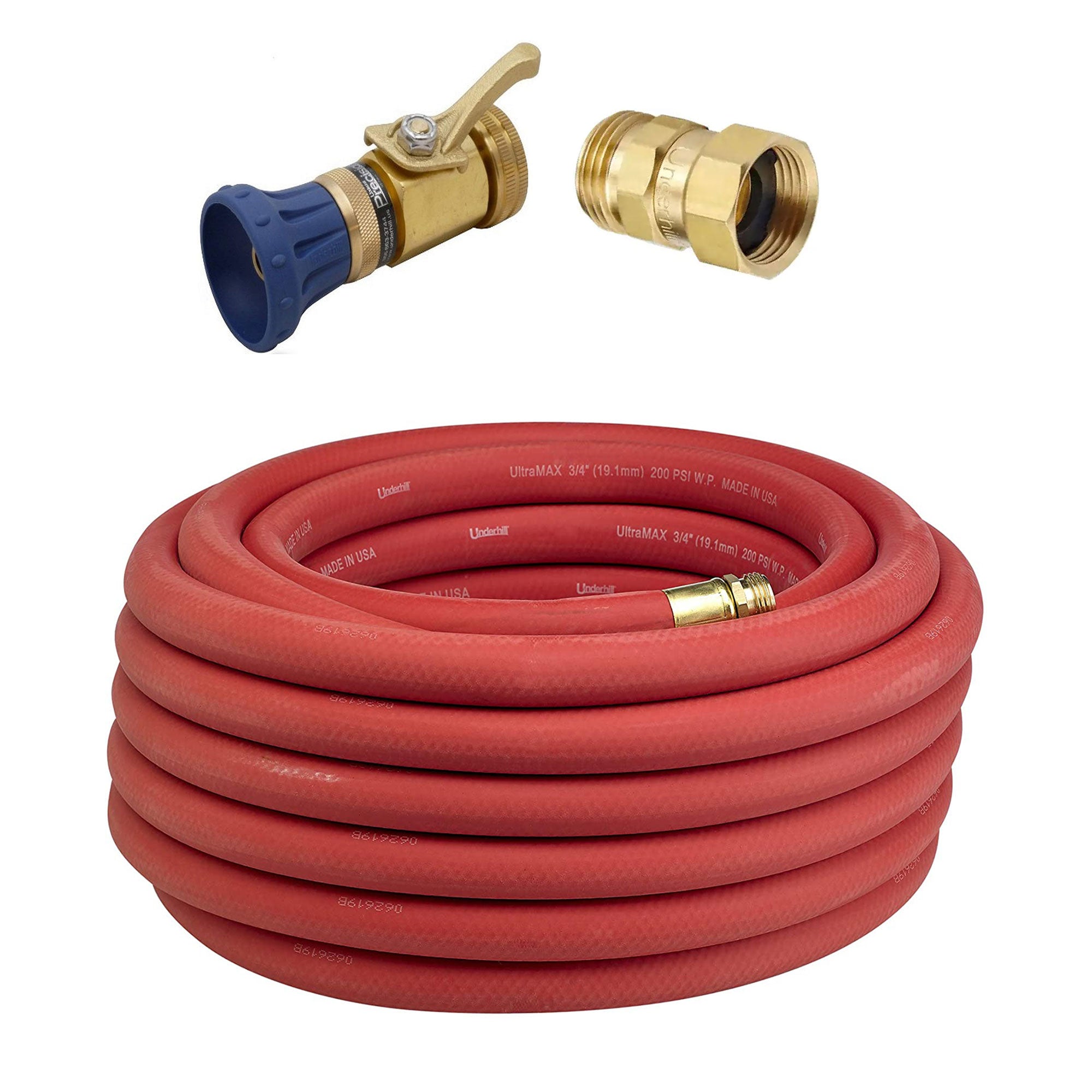 Underhill 50 Ft Red Water Hose w/ Precision Cloudburst Nozzle & Hose Adapter