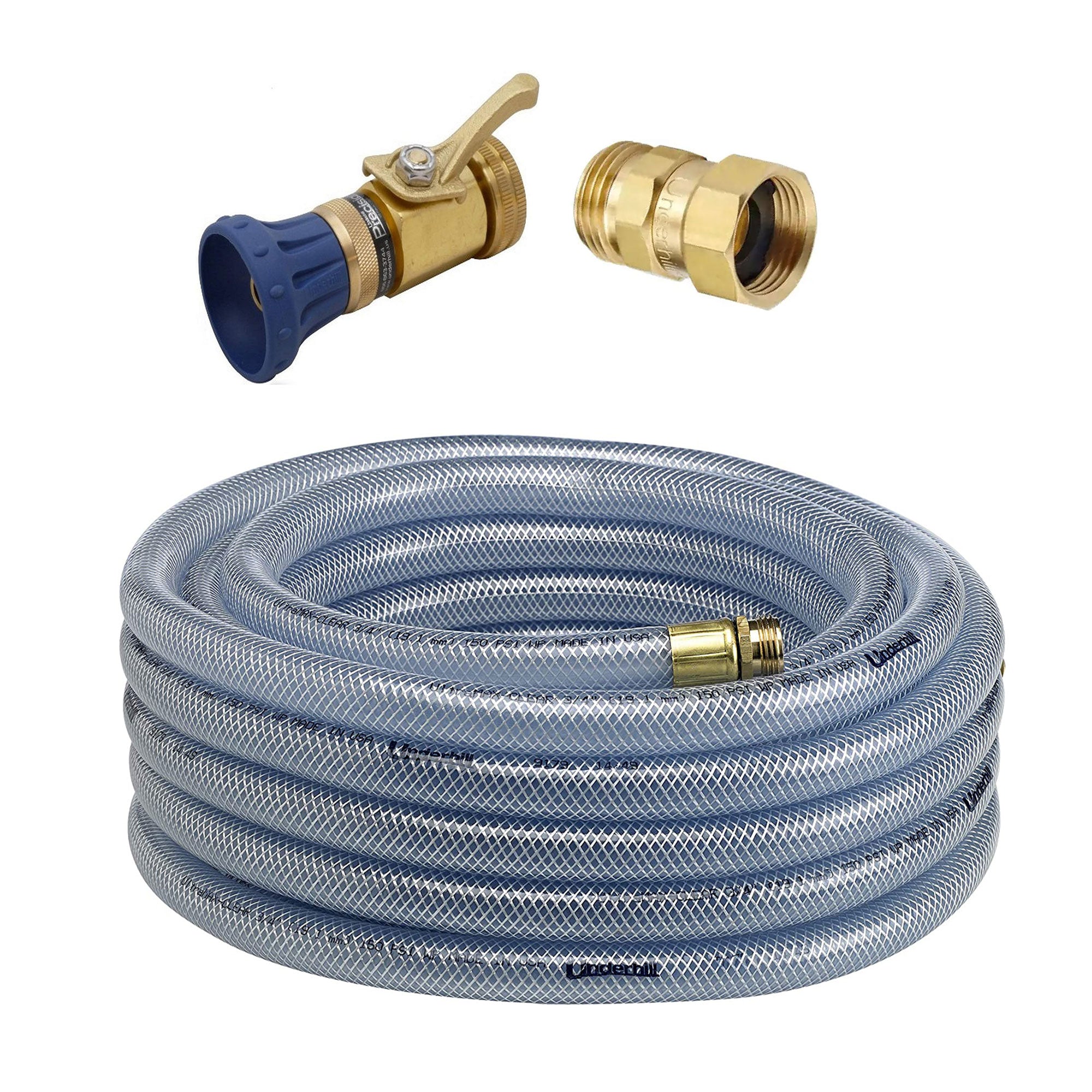 Underhill 100 Ft Clear Water Hose w/ Precision Cloudburst Nozzle & Hose Adapter