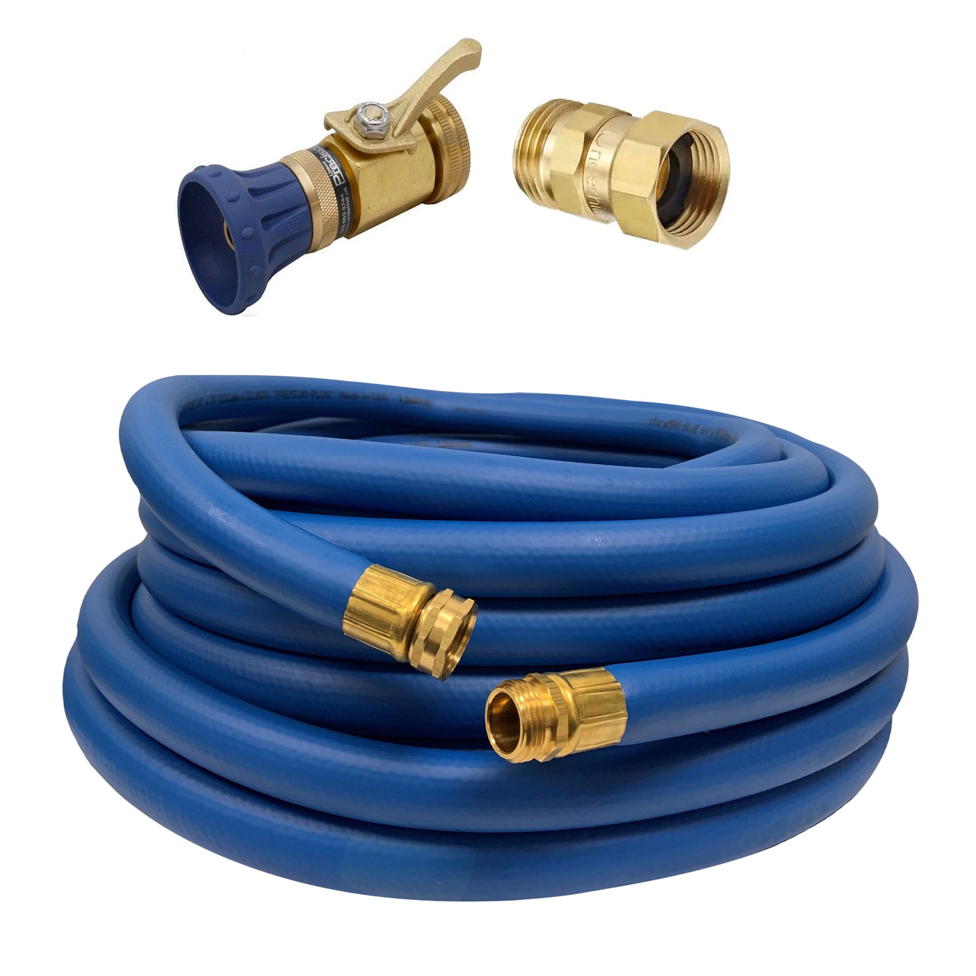 Underhill 75 Ft Blue Water Hose w/ Precision Cloudburst Nozzle & Hose Adapter - VMInnovations