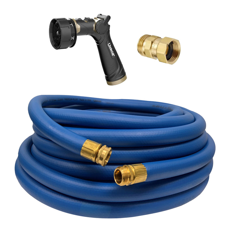 Underhill Twist-Ease Kink Eliminator + 7 Spray Nozzle + 75 Ft Garden Hose, Blue